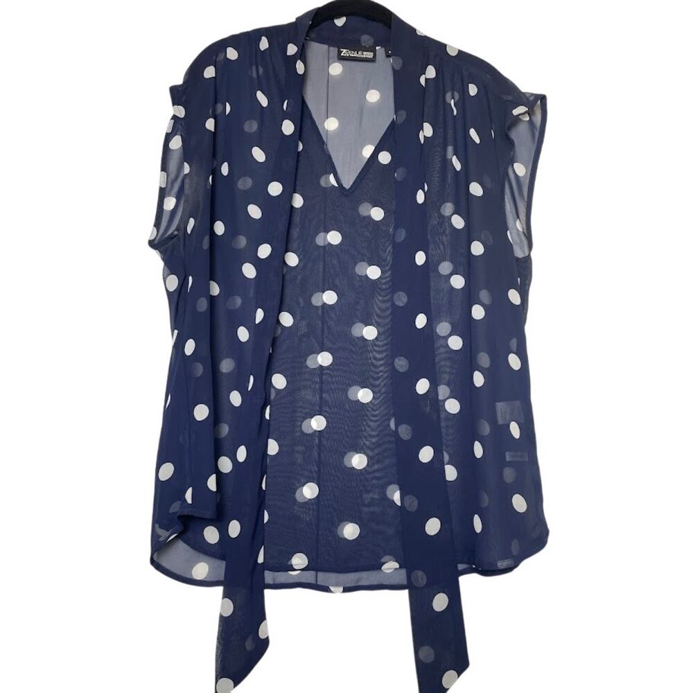 7th Avenue Polka Dotted Sheer Top Womens L Navy White Sleeveless Tie Neckline